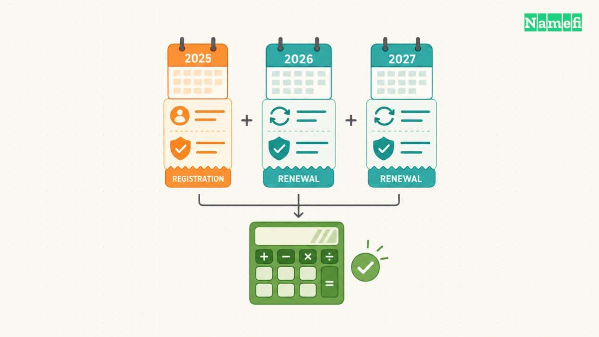 Three calendar cards separate one registration payment from two renewal payments and a total calculator