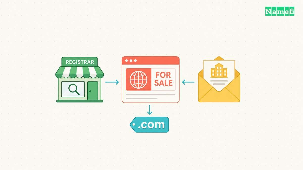 Three paths connect registrar searches, direct domain visitors, and researched outreach with a domain sale