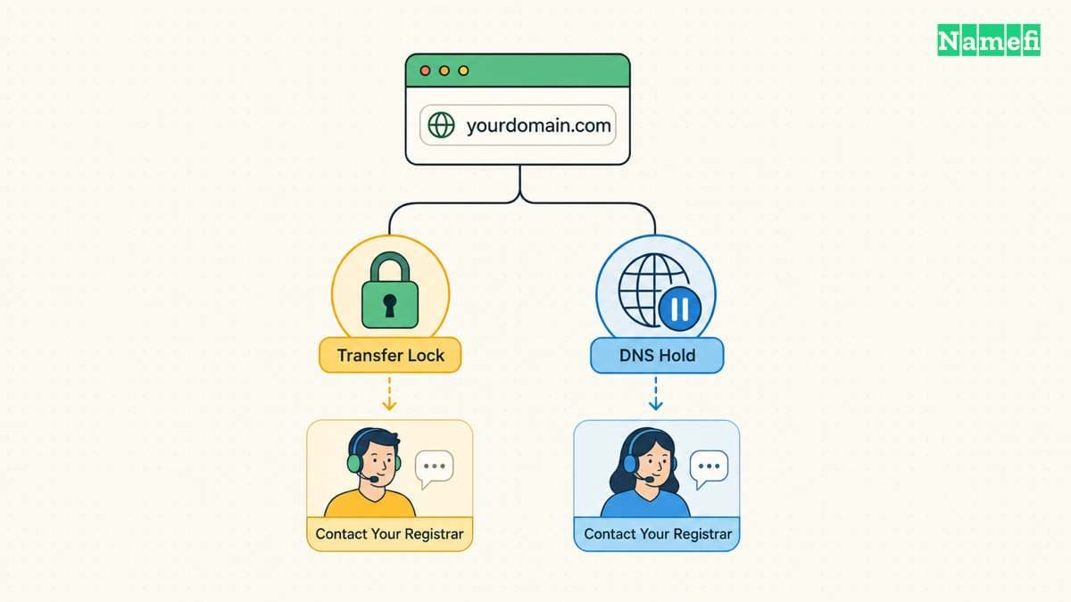 A transfer lock and a DNS hold require different actions.