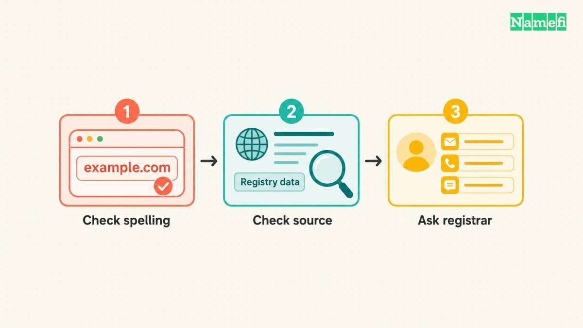 A domain lookup recovery sequence checks spelling, source, and the registrar.