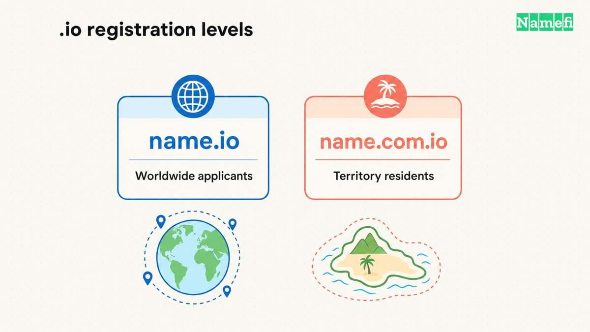 Two .io registration levels show worldwide applicants for name.io and territory residents for name.com.io.