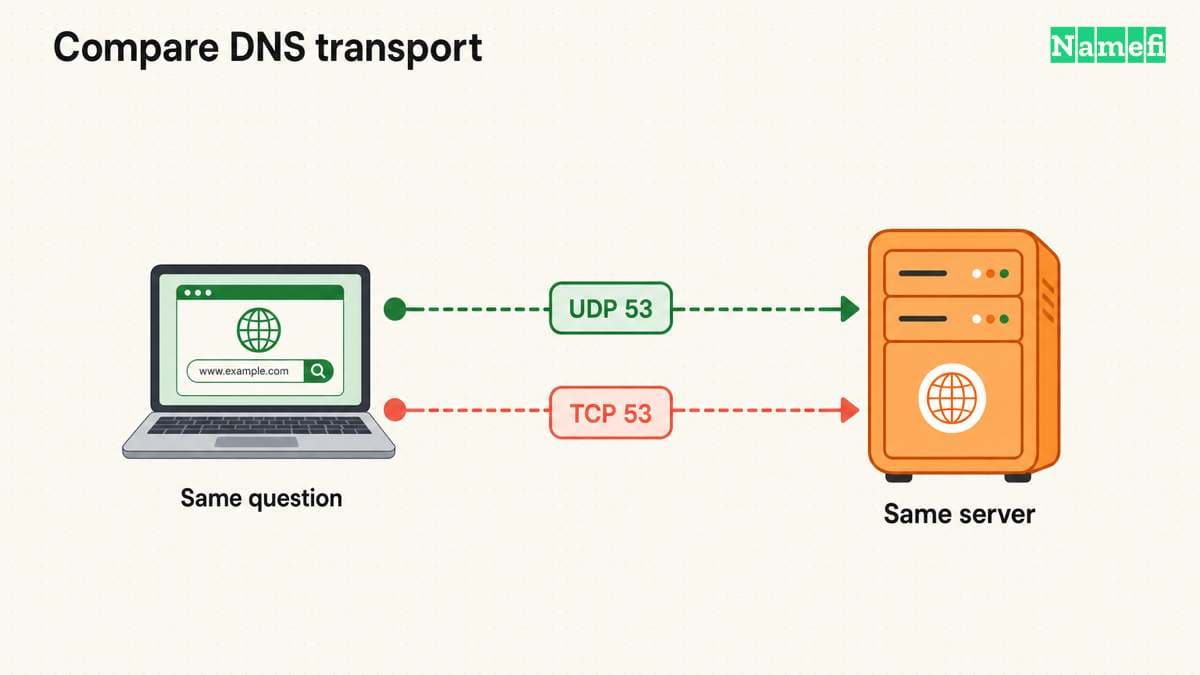 The same DNS question reaches the same server through UDP port 53 or TCP port 53.