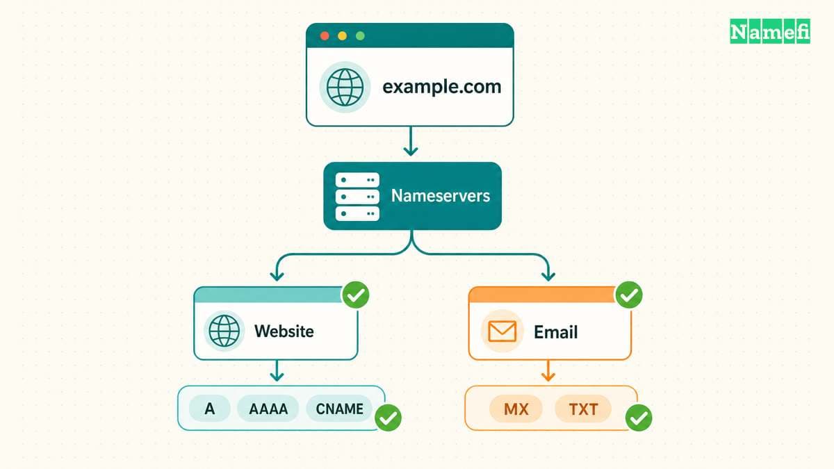 A domain connects through nameservers to separate website and email records