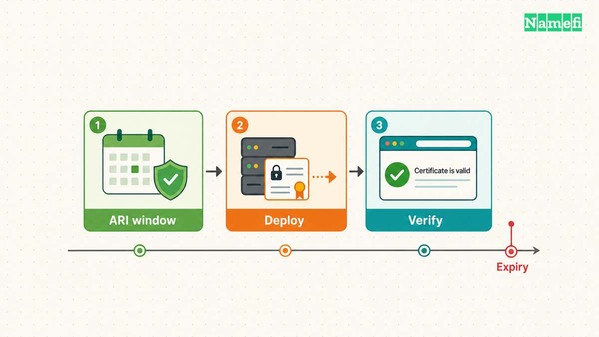 ARI renewal, deployment, and public verification finish before certificate expiry.