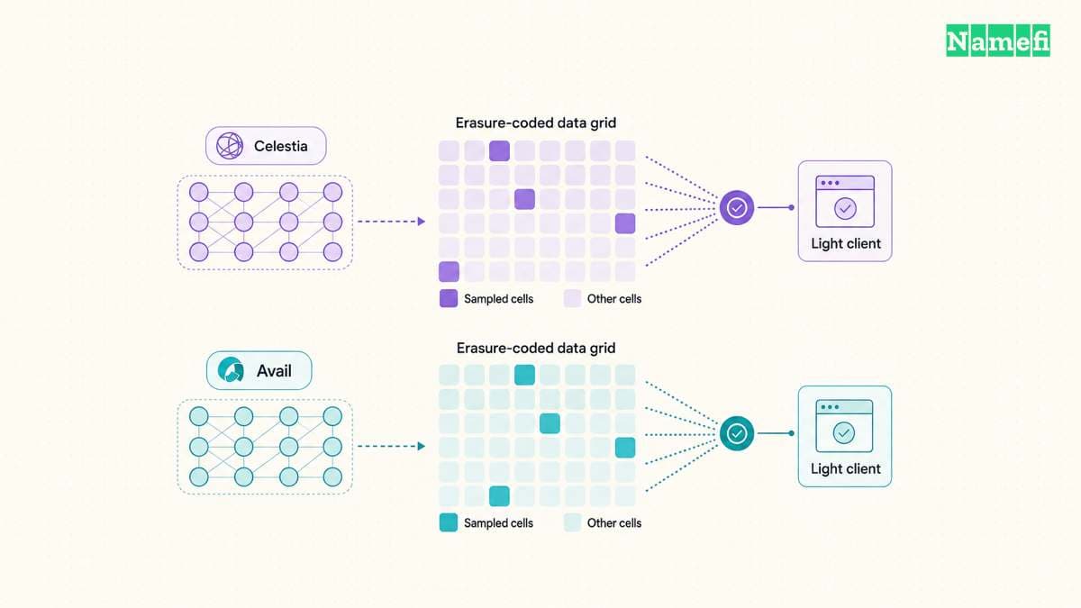 The diagram illustrates celestia and Avail let light clients sample dedicated DA networks.