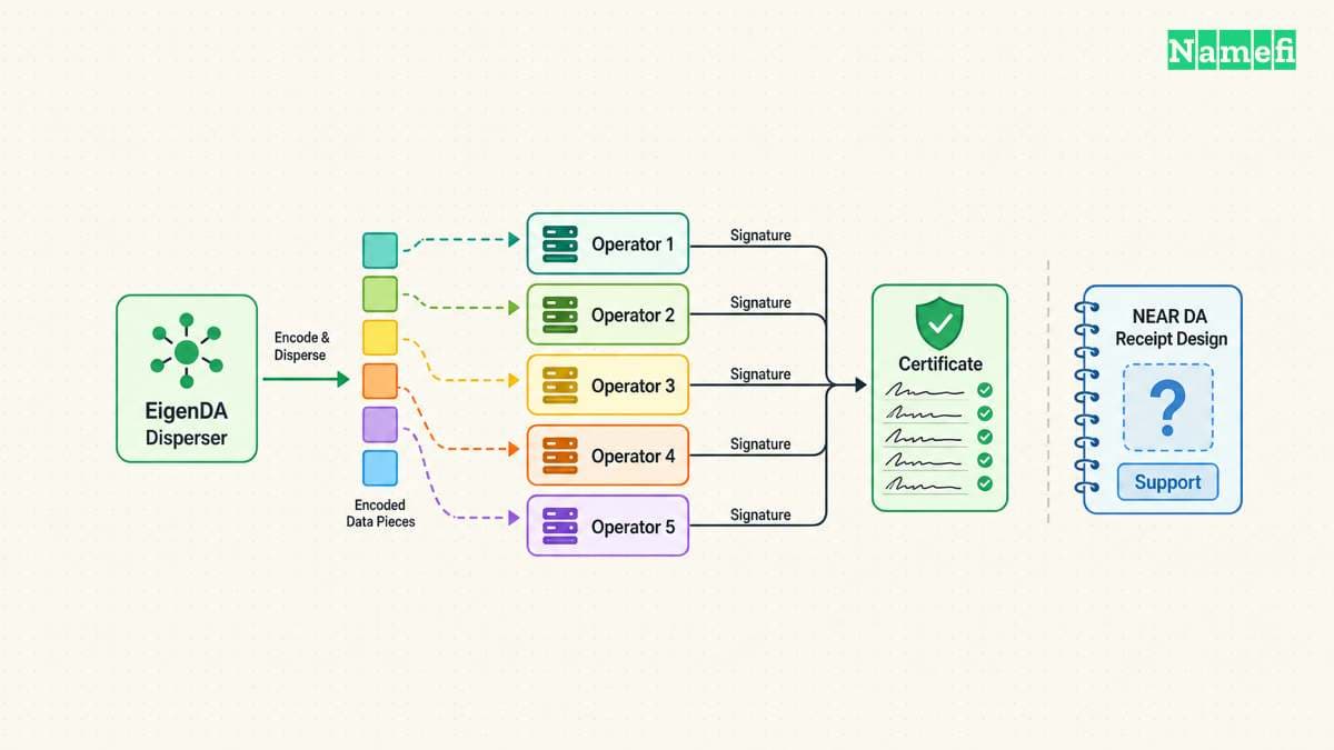 The diagram illustrates eigenDA and NEAR DA require different certificate and support checks.