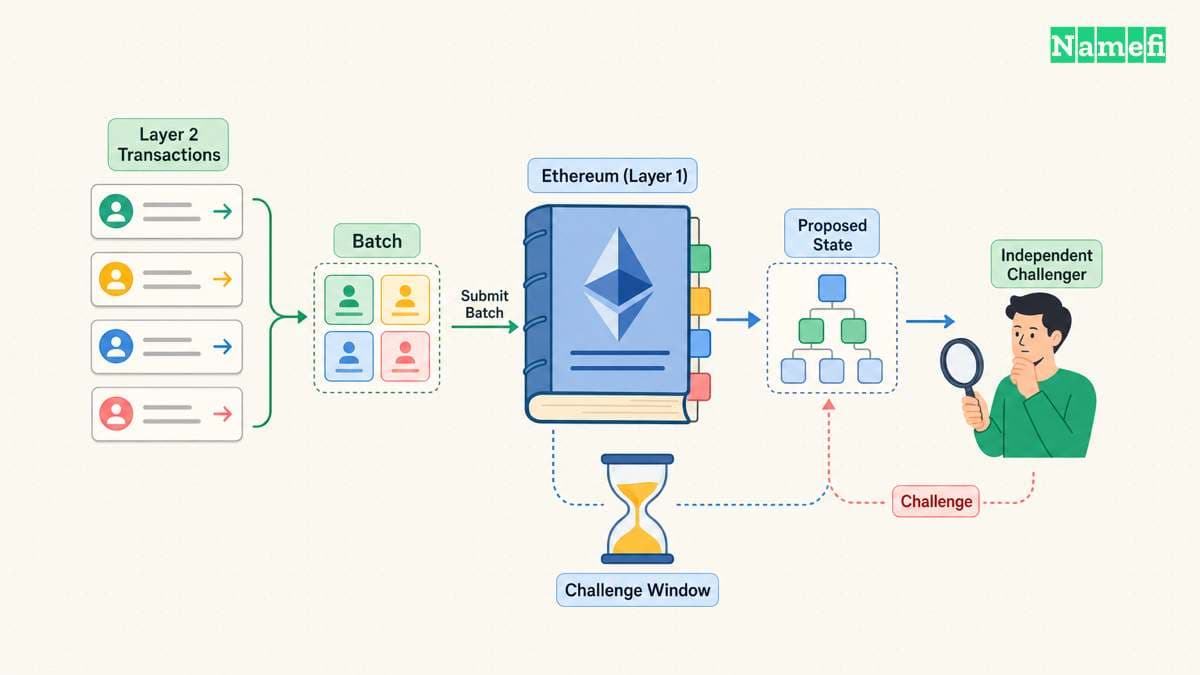 An optimistic batch reaches Ethereum while an independent challenger watches during the challenge window