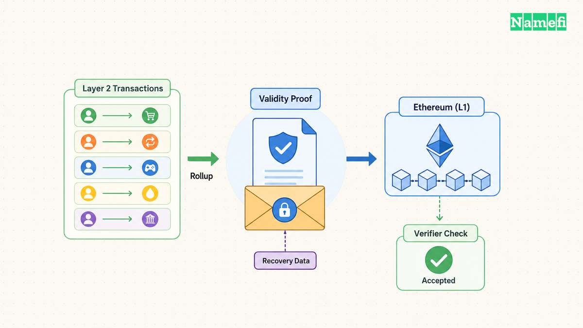 A validity proof and recovery data accompany a batch to an Ethereum verifier