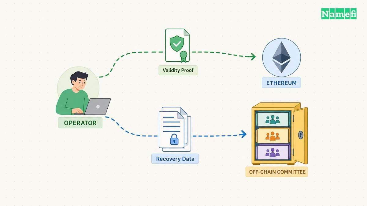 A validium sends an execution proof to Ethereum while a separate committee holds recovery data