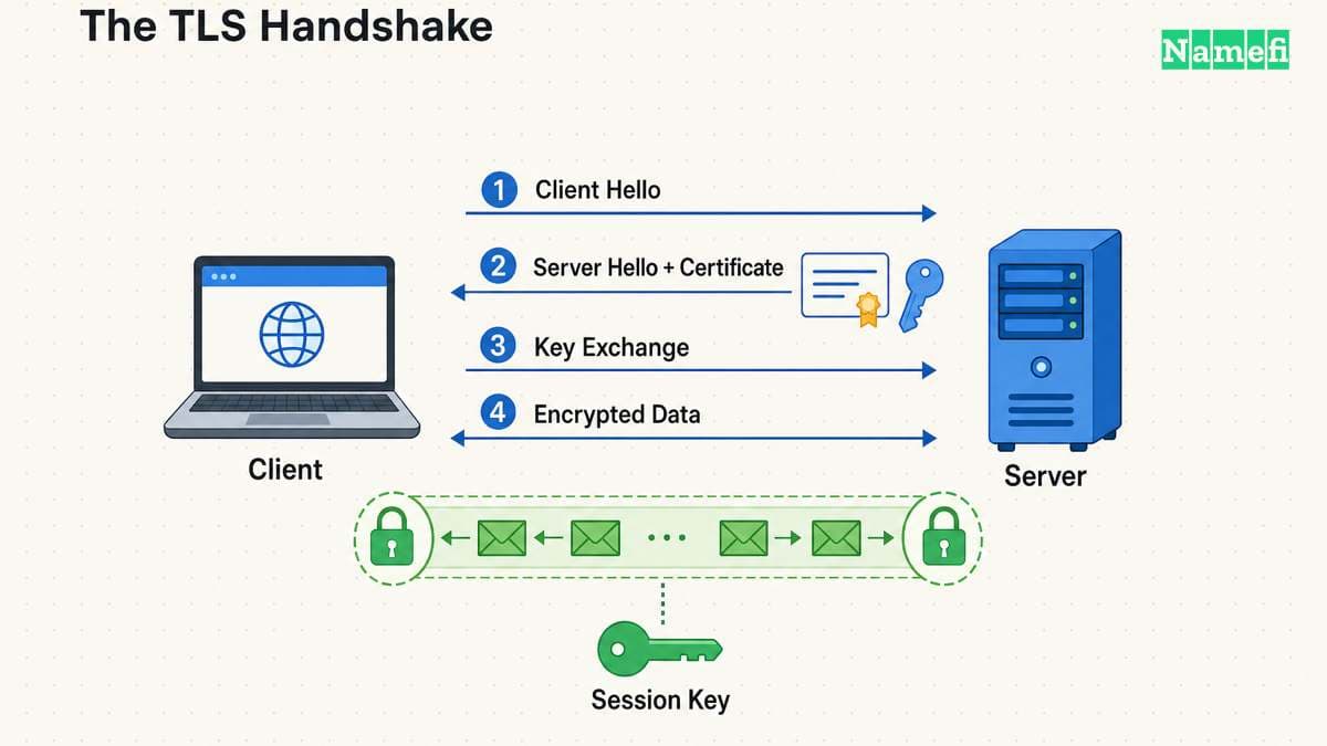 A simplified TLS 1.2 handshake places key exchange after the server certificate