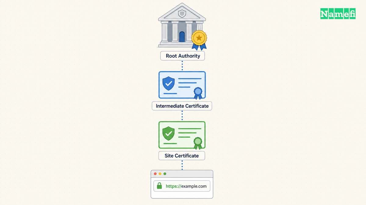 Flat-vector illustration of a chain of trust: a browser window linking to a site certificate, linking upward to an intermediate and a root certificate authority seal