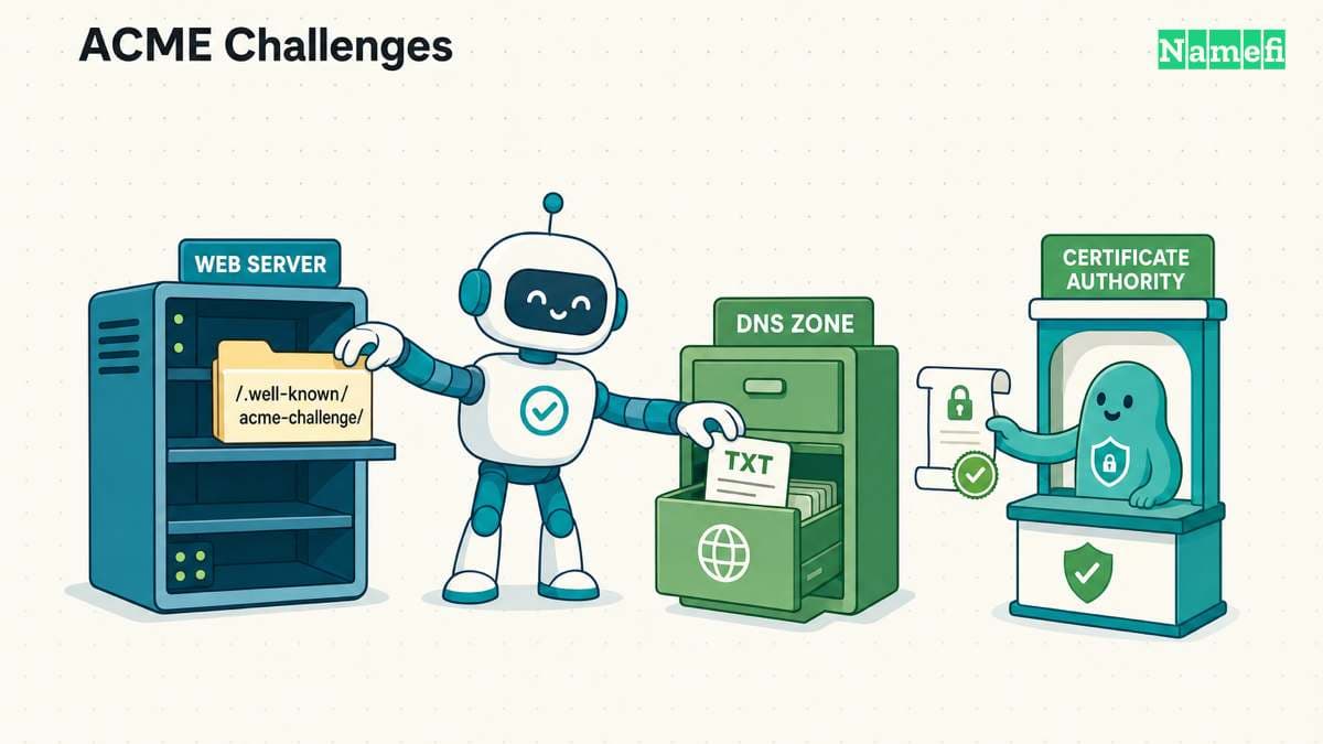 Flat-vector illustration of a friendly robot completing an ACME challenge by placing a token file on a web server and a TXT record into a DNS zone, receiving a certificate in return