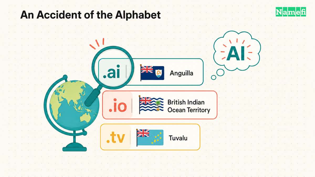 Cards pairing two-letter country codes with their territories — .ai for Anguilla, .io for the British Indian Ocean Territory, .tv for Tuvalu — beside a globe, the accident of the alphabet behind .ai