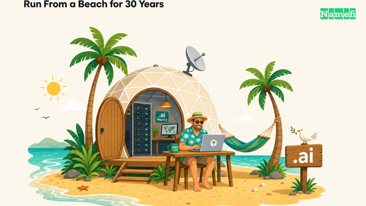 A geodesic-dome data haven on an Anguilla beach with a server rack, a satellite dish and one administrator who ran the .ai registry by hand for nearly thirty years, beside a .ai signpost