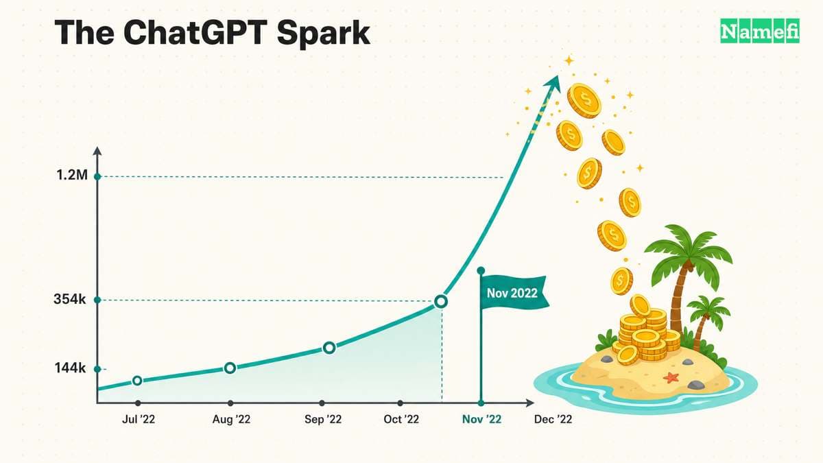 A growth chart of .ai registrations leaping from 144k to 1.2M after a Nov 2022 inflection, its crest pouring coins onto a small Caribbean island