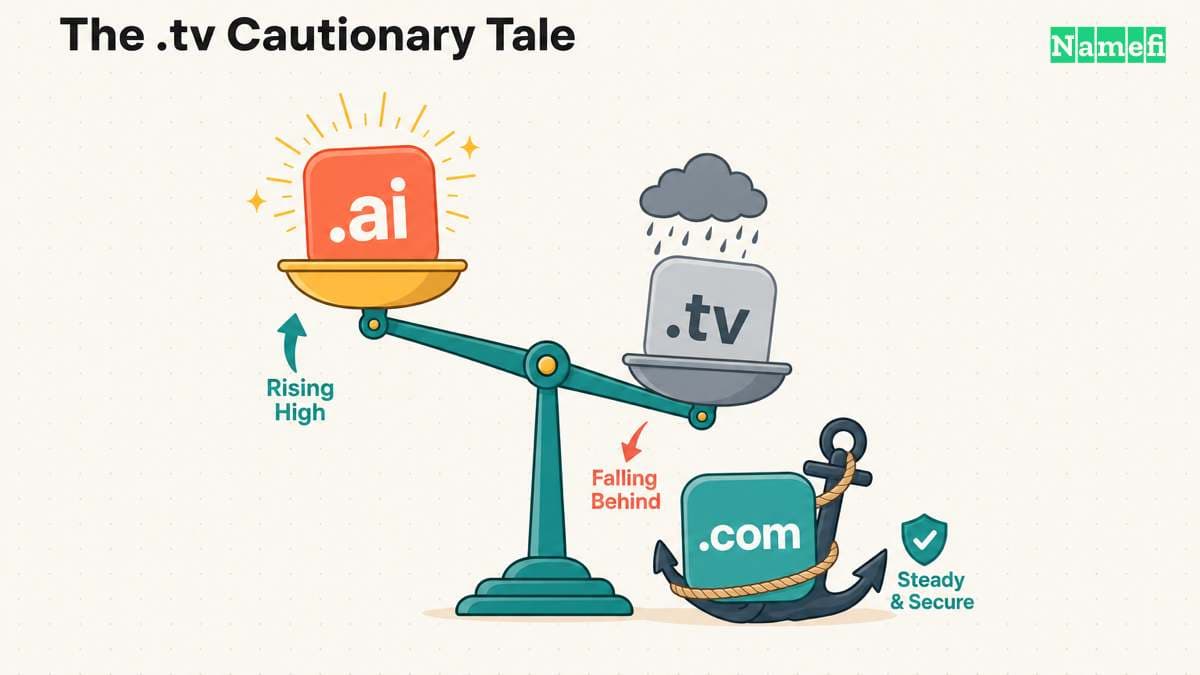 A balance scale weighing a rising .ai against a faded, falling .tv under a rain cloud, with a steady .com anchored as a backup — the trend risk of a category suffix