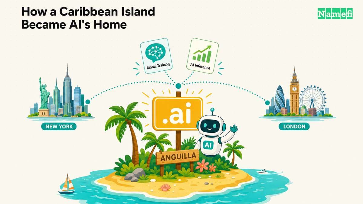 A friendly illustration of Anguilla, a small Caribbean island, with a glowing .ai signpost, a robot and AI app cards linked to distant city skylines — how the island became the home of AI