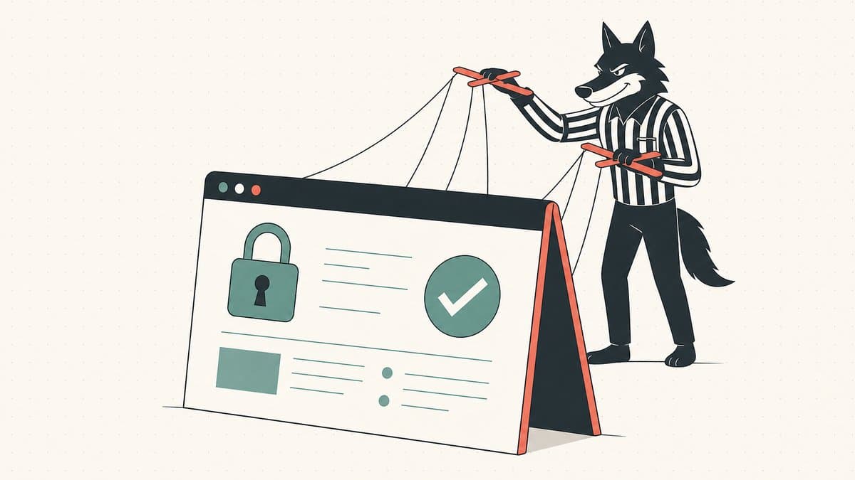 Editorial illustration of a wolf in a striped referee shirt puppeteering a polished but hollow fake escrow website propped up like a stage facade