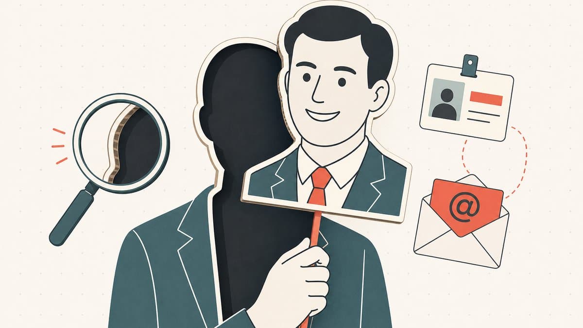 Editorial illustration of a smiling business persona that is really a paper cutout mask held in front of a hollow silhouette, with a fake ID badge and email envelope, exposed by a magnifying glass
