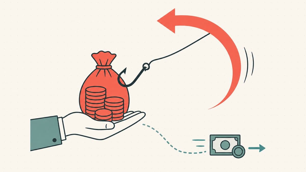 Editorial illustration of a money bag of coins on a fishhook being yanked back by a reversing arrow while a smaller refund payment flows out the opposite direction