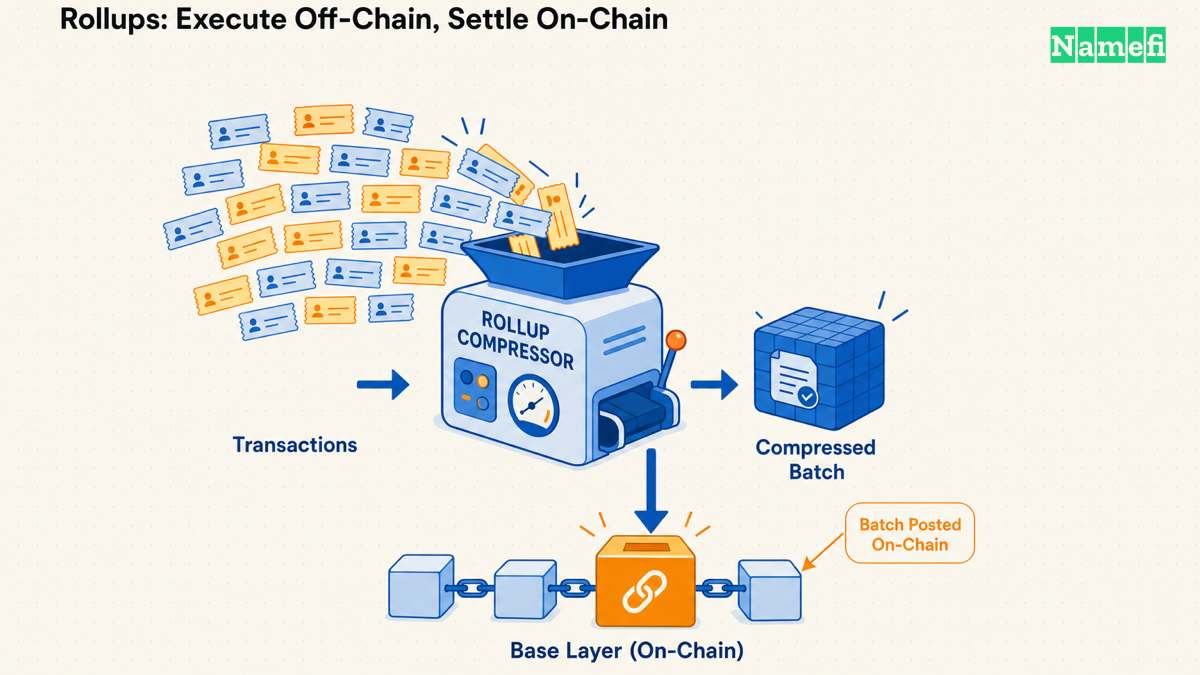 多数の小さなトランザクション票が「Rollup Compressor」と記された圧縮装置に集められ、圧縮されたバッチの立方体となって、連結したブロックからなるベースレイヤーチェーンに投稿される様子を示すフラットベクター図
