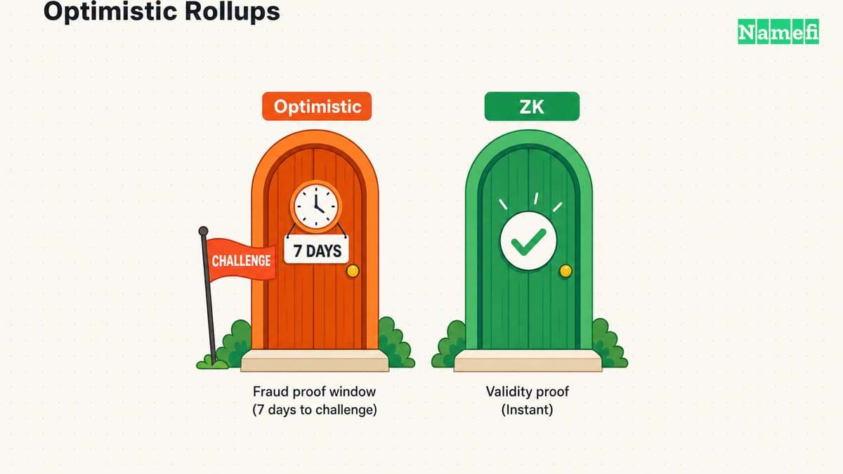 Flat-vector illustration of two doors side by side: an orange "Optimistic" door with a 7-day clock and a challenge-period flag representing the fraud-proof window, and a green "ZK" door with an instant green validity-proof checkmark