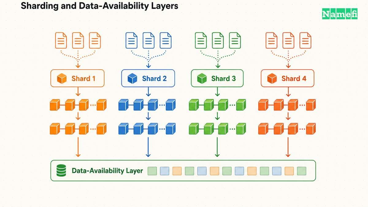 Flat-vector diagram of transactions split into four parallel shard lanes (Shard 1 through Shard 4), each processing its own chain of blocks independently, all feeding into a data-availability layer strip beneath