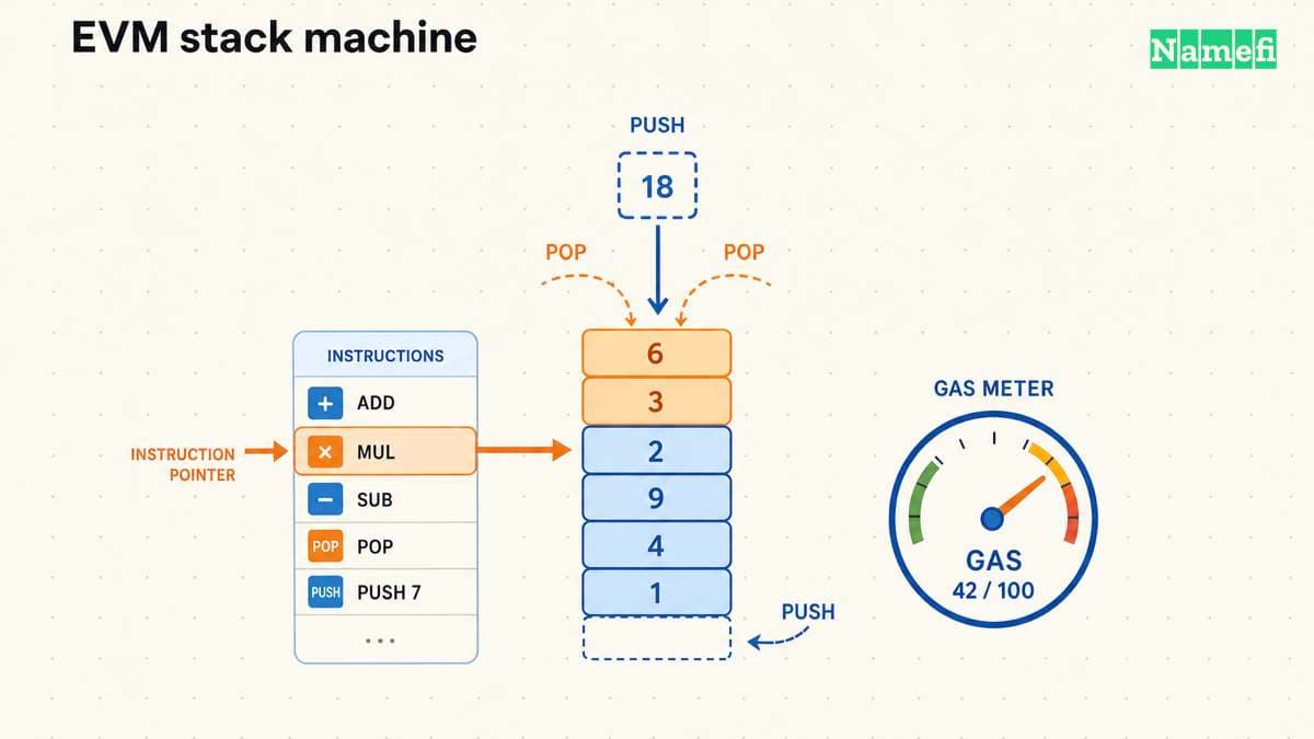 Flat-vector diagram of the EVM as a single-lane stack machine, with an instruction pointer pushing and popping values on a vertical stack and a gas meter dial tracking execution cost