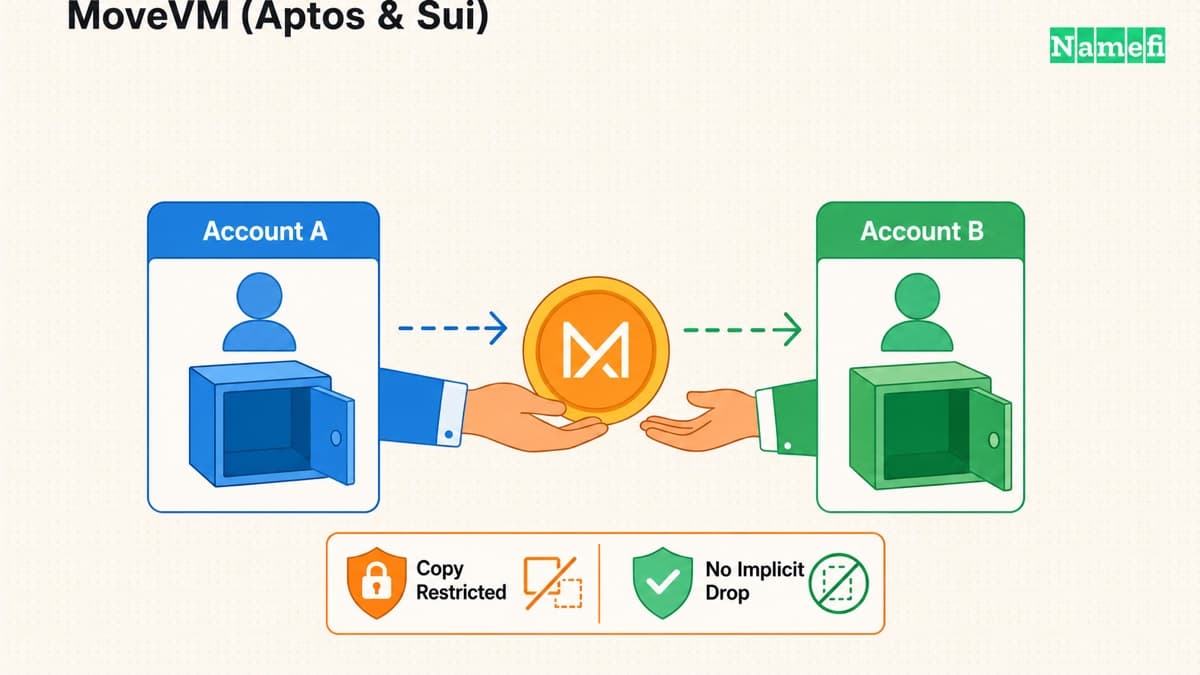 Flat-vector diagram of a coin treated as a physical resource passed hand-to-hand between two account boxes, with "copy restricted" and "no implicit drop" guard badges illustrating Move's ability-gated resource model