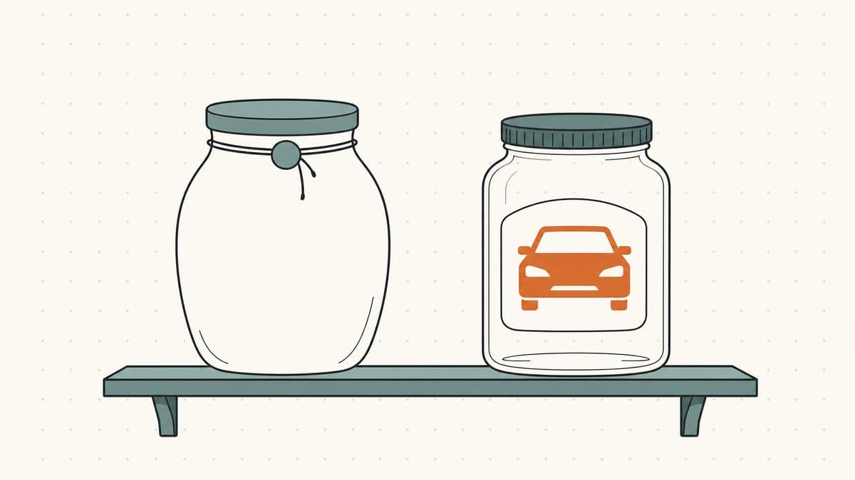 两只罐子代表两种域名的编辑插图:一个没有标签的空白罐子代表自造的品牌型名称,旁边一个贴有品类图标的透明罐子代表关键词名称