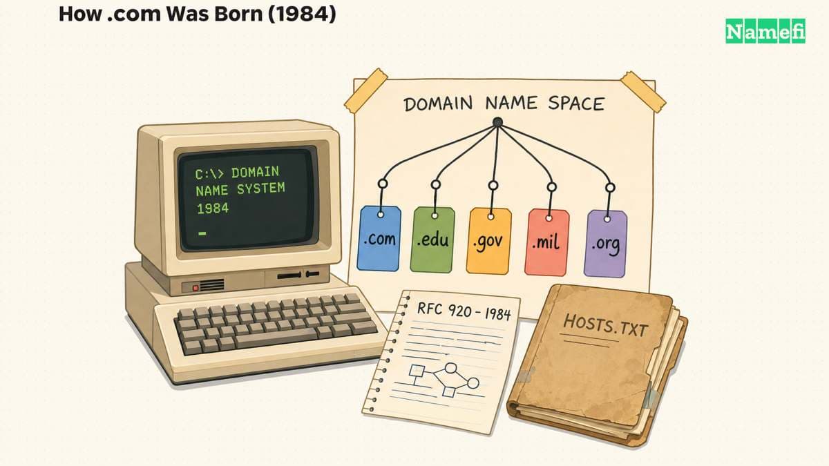 一台 1980 年代的电脑旁是一棵域名空间树,分出 .com、.edu、.gov、.mil 和 .org,还有一张 RFC 920(1984)便笺和被弃用的 HOSTS.TXT 文件——.com 如何诞生