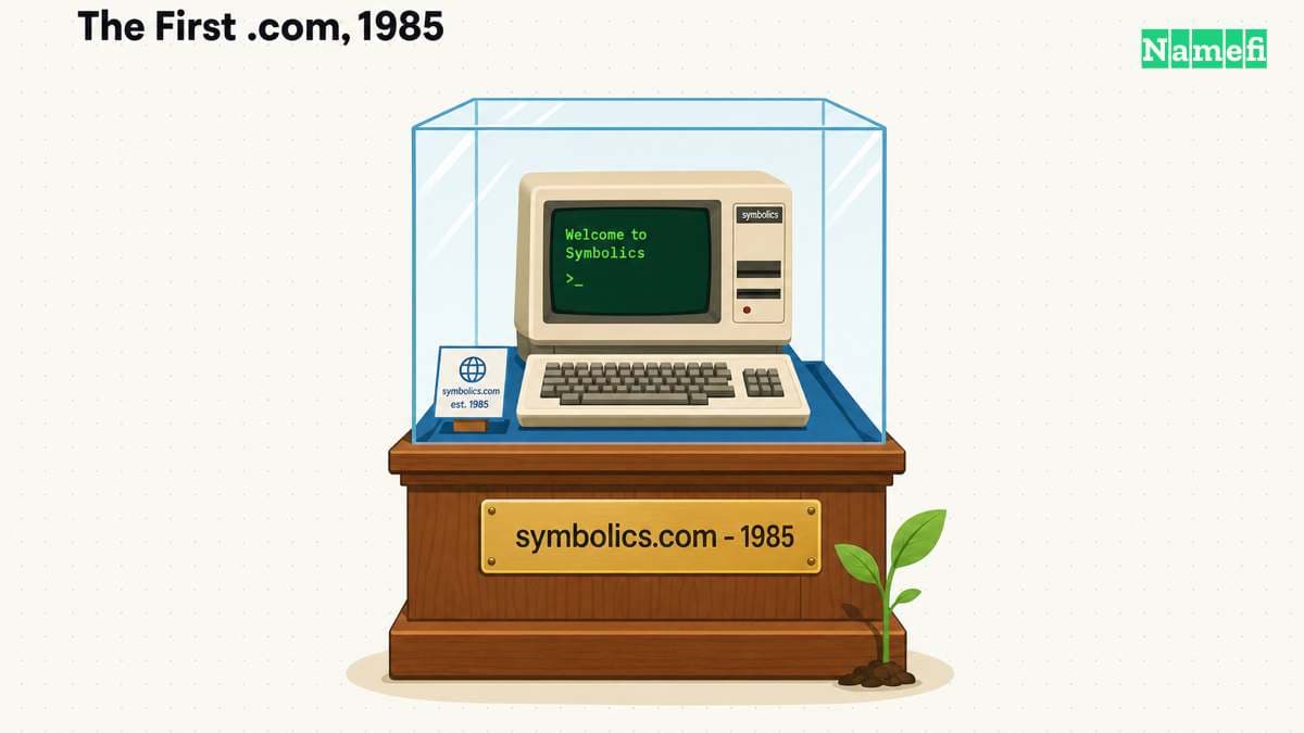 第一个 .com 如博物馆藏品般被保存:玻璃罩下的 1980 年代 Symbolics 电脑,铭牌写着 symbolics.com — 1985,一株绿芽显示该地址至今仍能解析