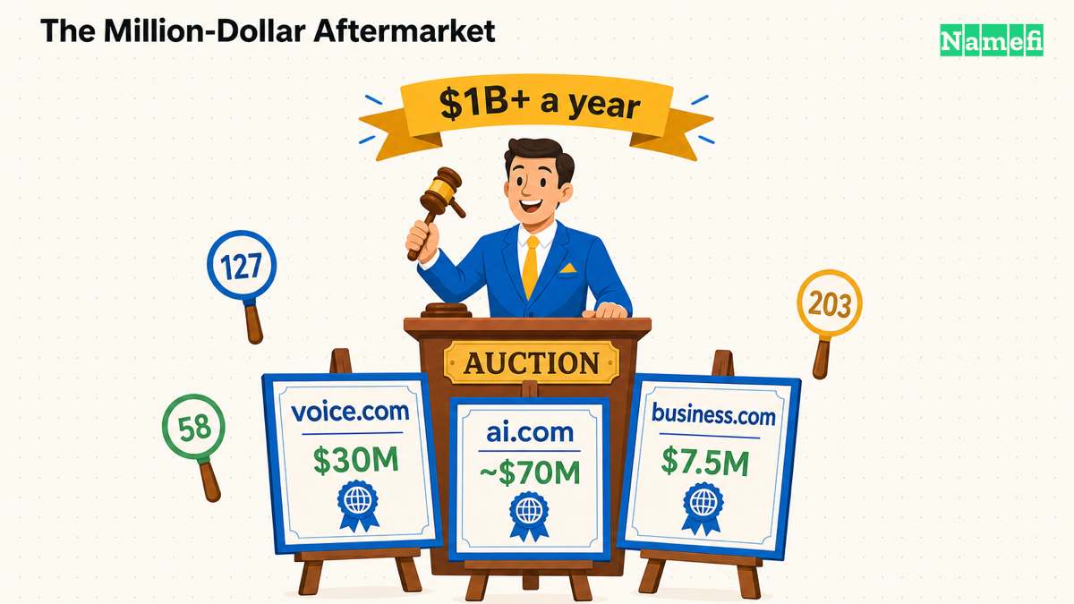 An auction of premium .com names with framed deeds for voice.com ($30M), ai.com (~$70M) and business.com ($7.5M) beneath a '$1B+ a year' banner