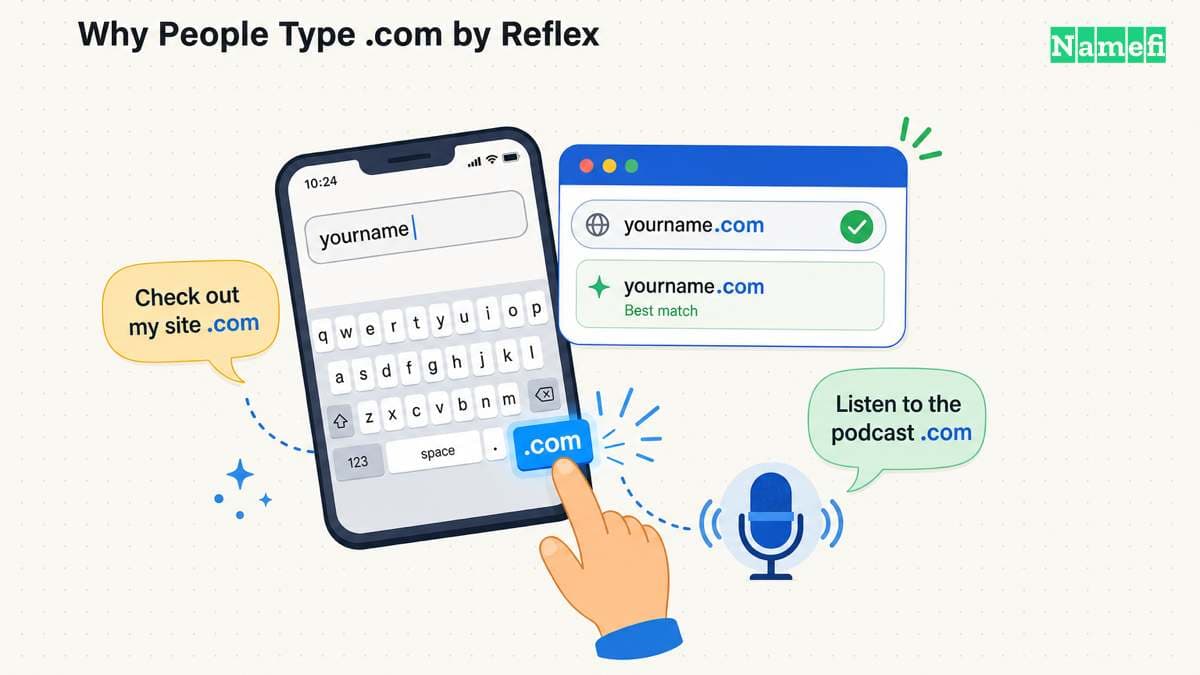 A phone keyboard with the .com key highlighted and a browser autocompleting yourname.com, while speech bubbles and a podcast icon all end in .com — how people reach for .com by reflex