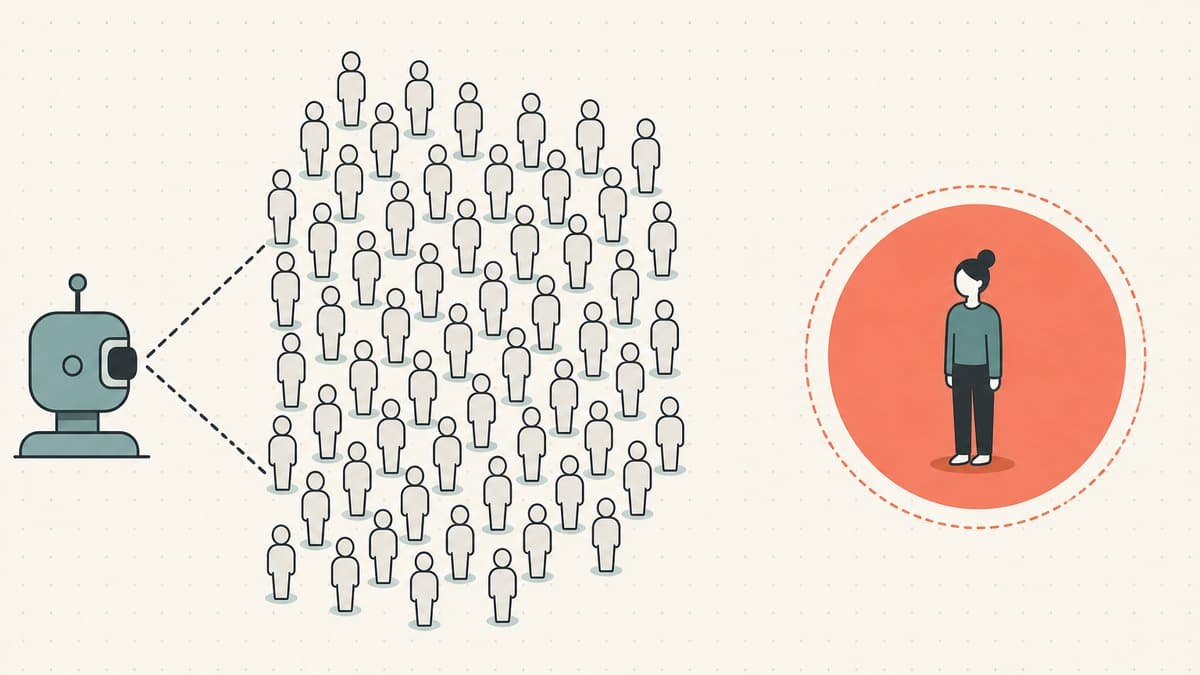 Editorial illustration of a machine measuring a faceless crowd while one distinct end-user buyer it cannot see stands highlighted apart