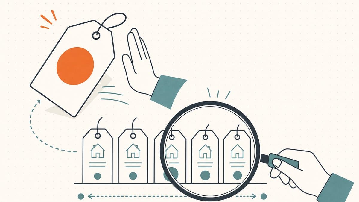 Editorial illustration of one large price tag set aside while a magnifying glass examines a row of comparable sale tags and their spread