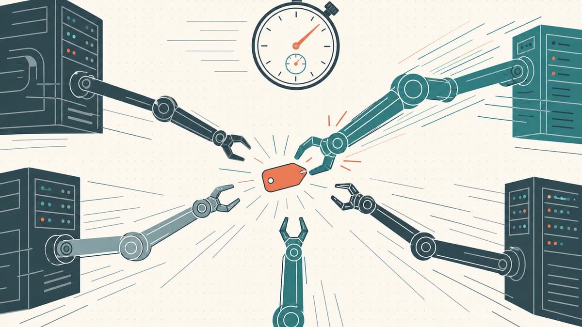 Editorial illustration of multiple server arms racing to grab a single domain-name tag the instant it releases, with a stopwatch counting fractions of a second