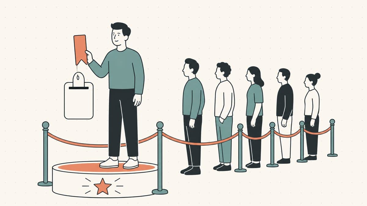 Editorial illustration of a person holding a reservation ticket at the front of a roped-off line, securing a priority spot ahead of a waiting crowd