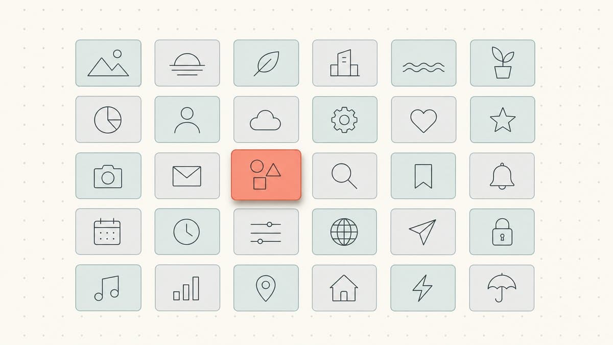 Editorial illustration of a tidy grid of about thirty muted domain cards with exactly one highlighted in a warm accent color and slightly raised above the rest