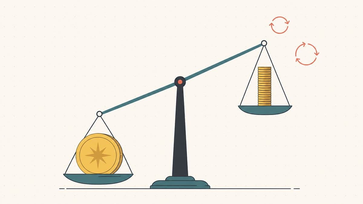 Editorial illustration of a balance scale where a single large gold coin outweighs a tall stack of many tiny renewal coins, with small circular-arrow renewal icons beside the small coins