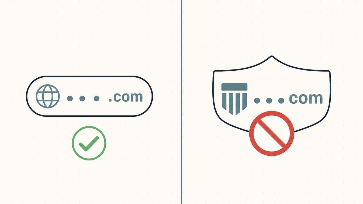 Editorial illustration of a generic domain tag with a green check on one side of a dividing line and a brand-emblem domain blocked by a red no-entry sign on the other