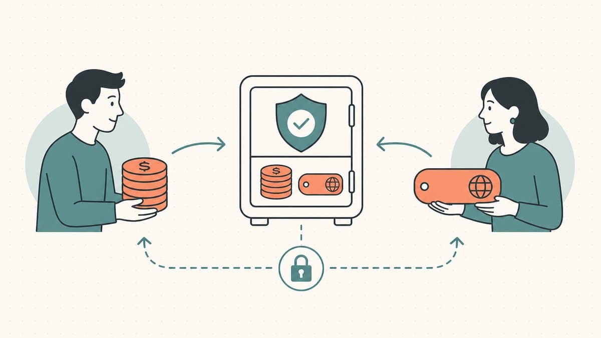 Editorial illustration of a buyer with coins and a seller with a domain tag both routing through a neutral escrow safe that releases funds and the domain simultaneously