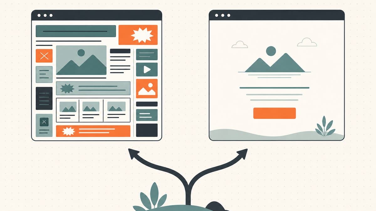 Editorial illustration of a cluttered ad-filled parking page and a clean single-button sales landing page diverging on a fork