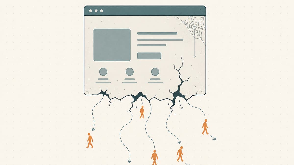 Editorial illustration of a neglected cobwebbed web page cracking apart while visitor figures leak away through the cracks