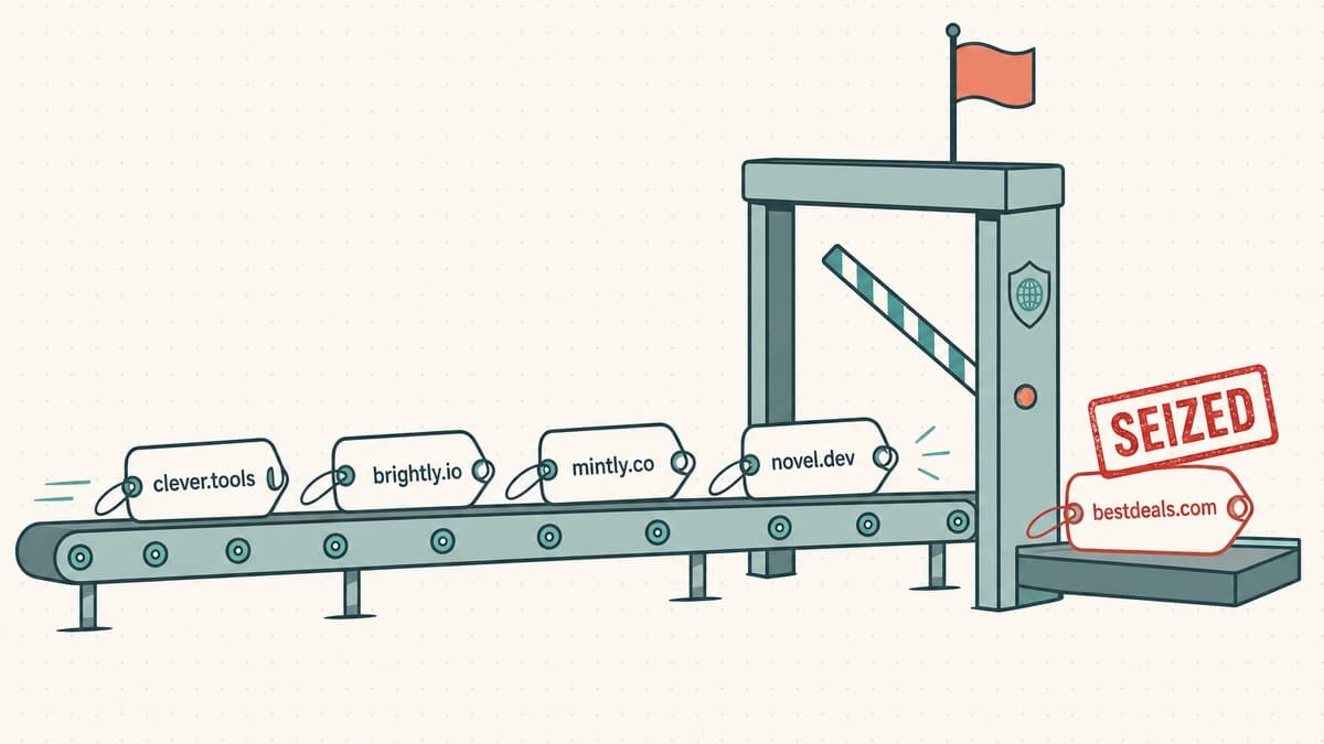 Editorial illustration of clever domain-name tags moving along a conveyor toward a border-checkpoint gate with a small flag, one tag held back under a red "seized" stamp while the others pass through