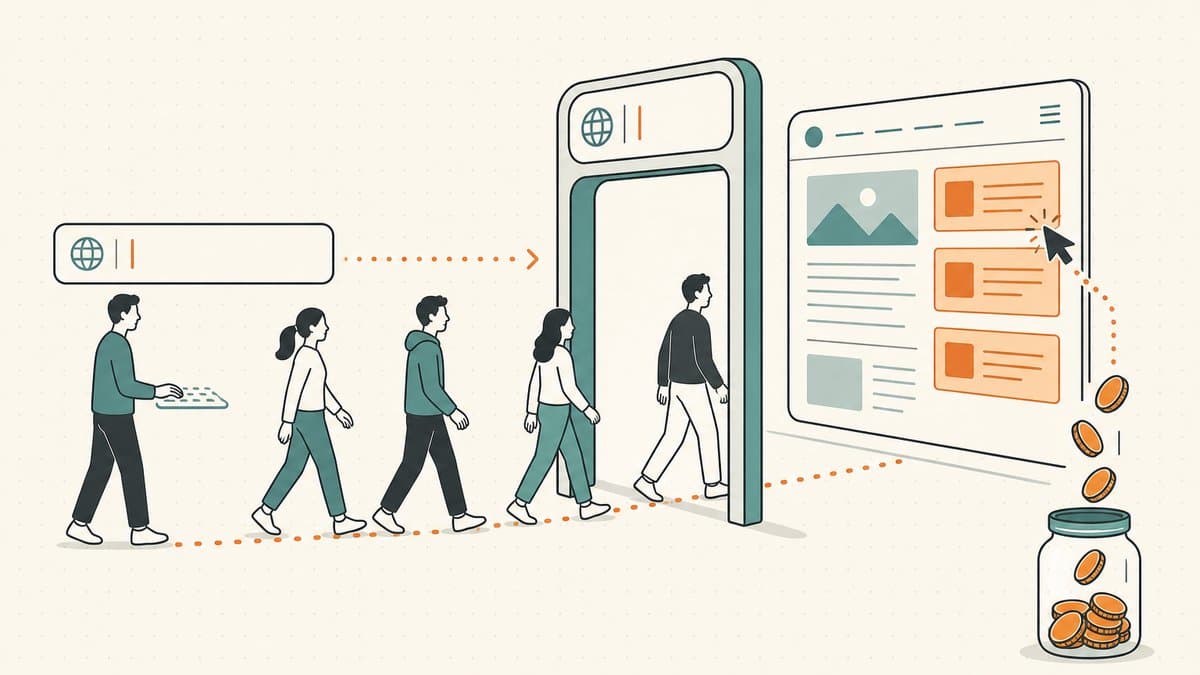 Editorial illustration of type-in visitors walking from a typed address bar into an ad-filled parked page while a few coins drop into a jar