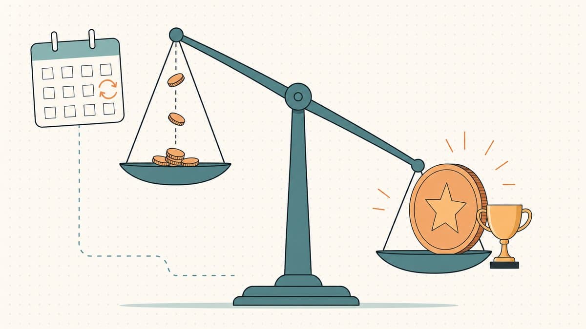 Editorial illustration of a balance scale weighing a trickle of parking pennies and a recurring renewal calendar against one large star coin and trophy that outweigh them