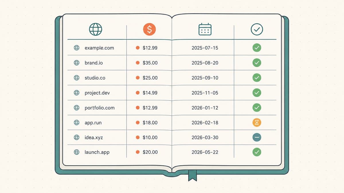 Editorial illustration of an open domain portfolio ledger with rows of domain names showing cost, renewal date, and status columns