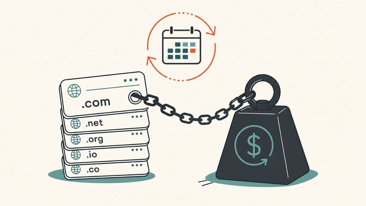 Editorial illustration of a stack of domain TLD cards chained to a heavy recurring-cost weight with a calendar renewal loop arrow