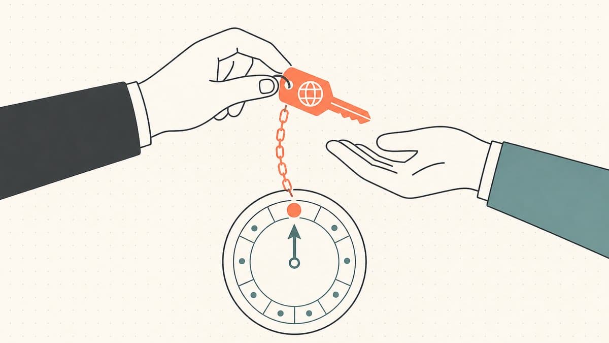 Editorial illustration of a domain-name key being handed over, tethered by a chain to an annual renewal clock dial